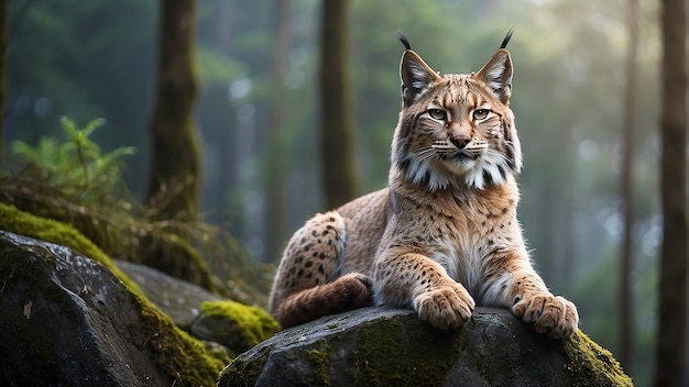 Un lynx est assis sur un rocher dans la forêt