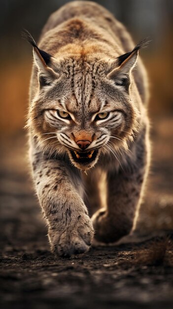 Un lynx marche dans un champ la gueule ouverte.