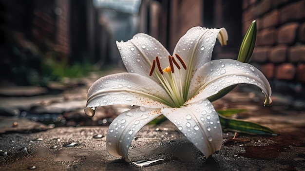 Un lys blanc avec des gouttelettes d'eau dessus