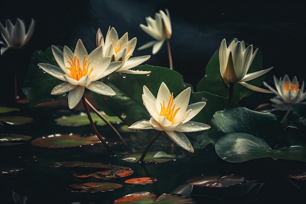 Des lys blancs dans un étang avec des feuilles vertes sur un fond sombre AI générative