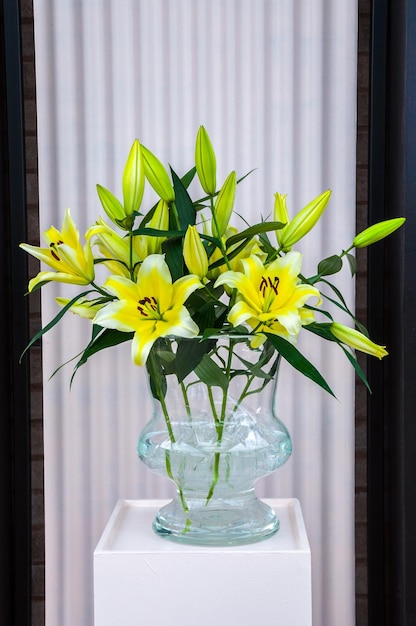 Lys blancs jaunes dans un vase en verre Keukenhof Park Lisse