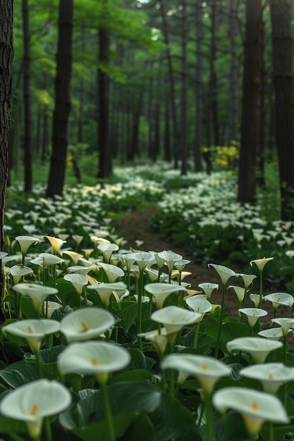 Des lys de Calla dans une forêt