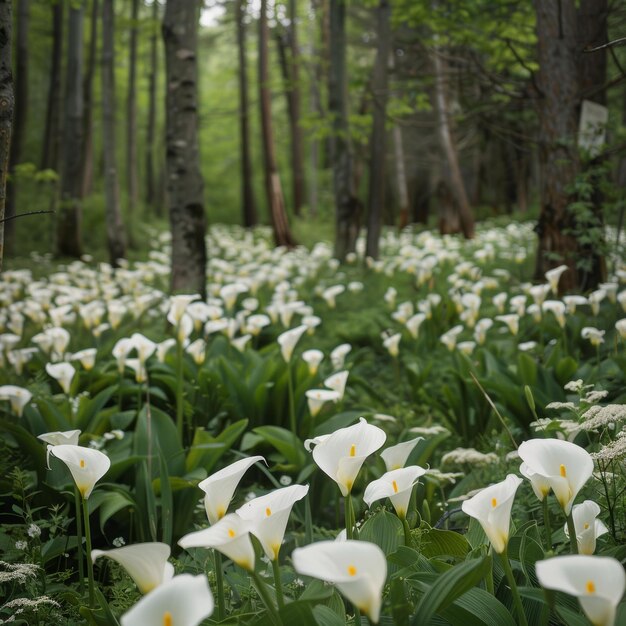 Des lys de Calla dans une forêt