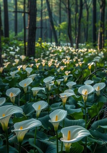 Photo les lys de calla dans la forêt