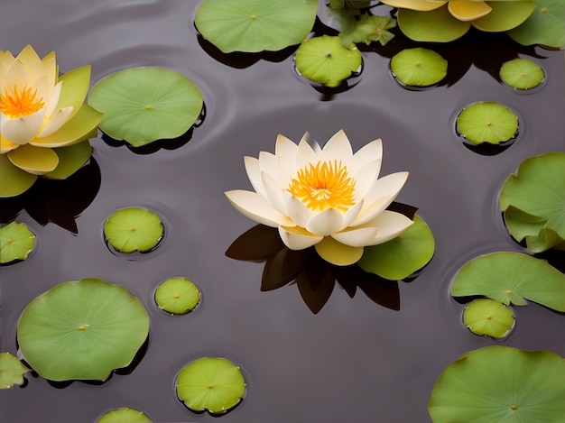 Des lys d'eau blancs et jaunes sur l'eau dans un étang