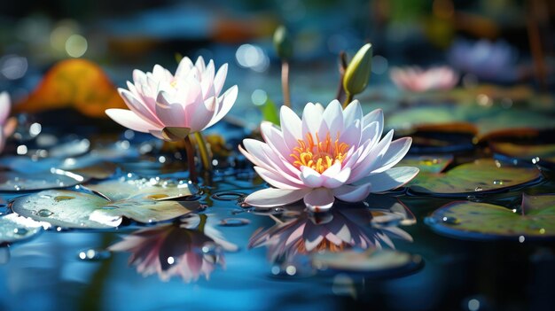 le lys d'eau de lotus fleurissant sur la surface de l'eau