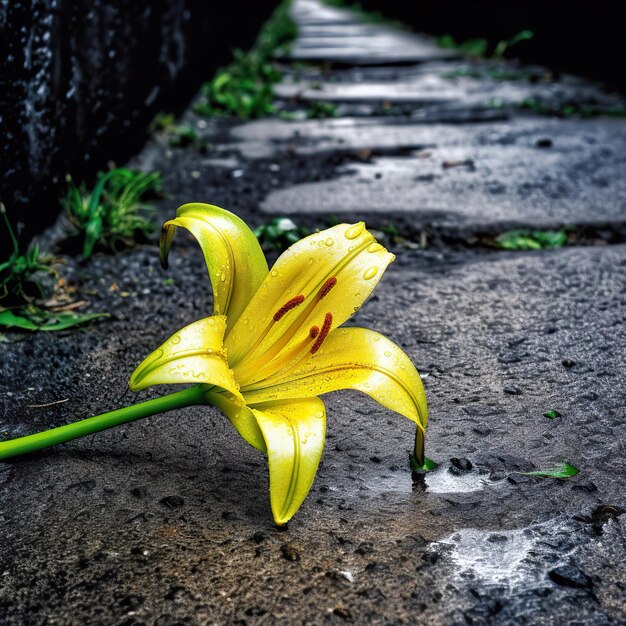 Lys jaune vif avec son feuillage vert brillant