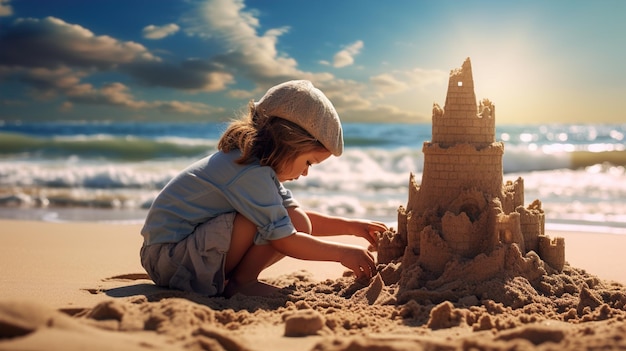 Ma fille fabrique une maison de sable sur la plage