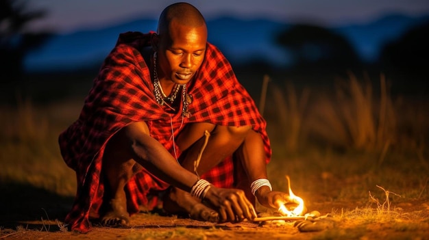 un Maasai Mara allume un feu de joie en utilisant une méthode traditionnelle