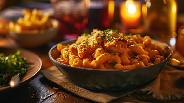 Mac et fromage de poulet de buffle contre une table en bois