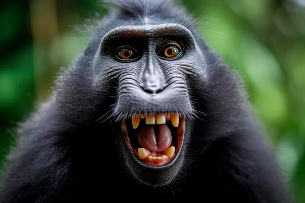Macaque à crête de Célèbes avec la bouche ouverte Gros plan sur le fond naturel vert Generative AI