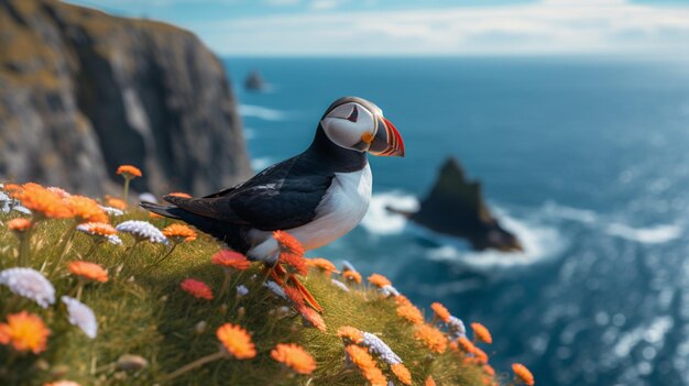 un macareux coloré perché sur une falaise observant les oiseaux