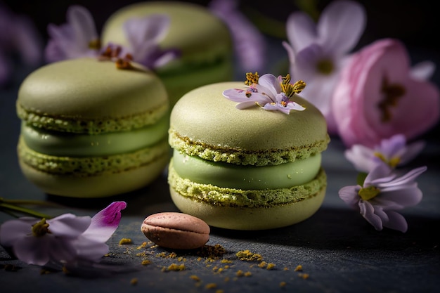 Macaron de biscuit français traditionnel au goût de pistache Macarons français verts sucrés Generative AI