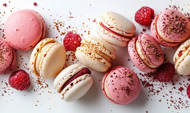 Photo macaron à la framboise et aux noisettes isolé sur fond blanc