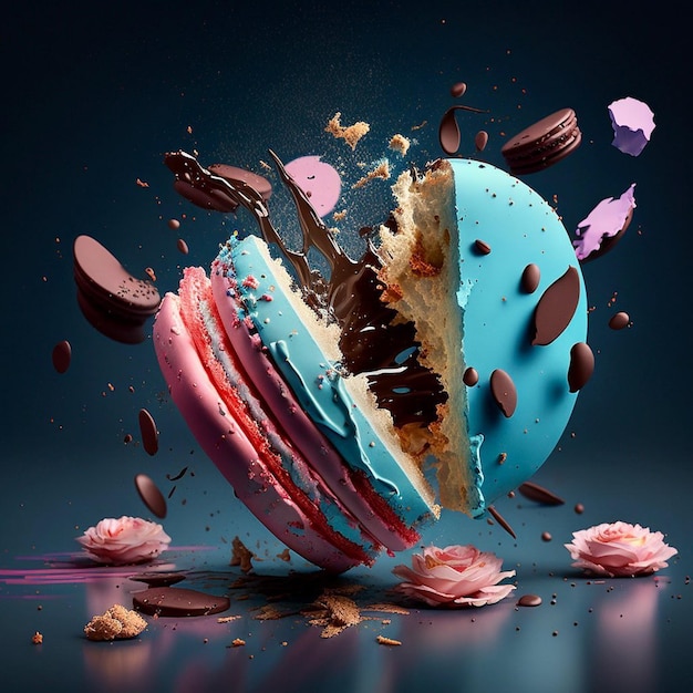 Un macaron avec un glaçage rose et bleu et des morceaux de chocolat.