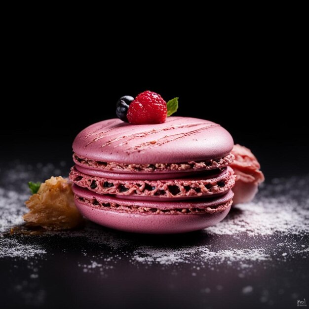 un macaron rose avec une fraise sur le dessus