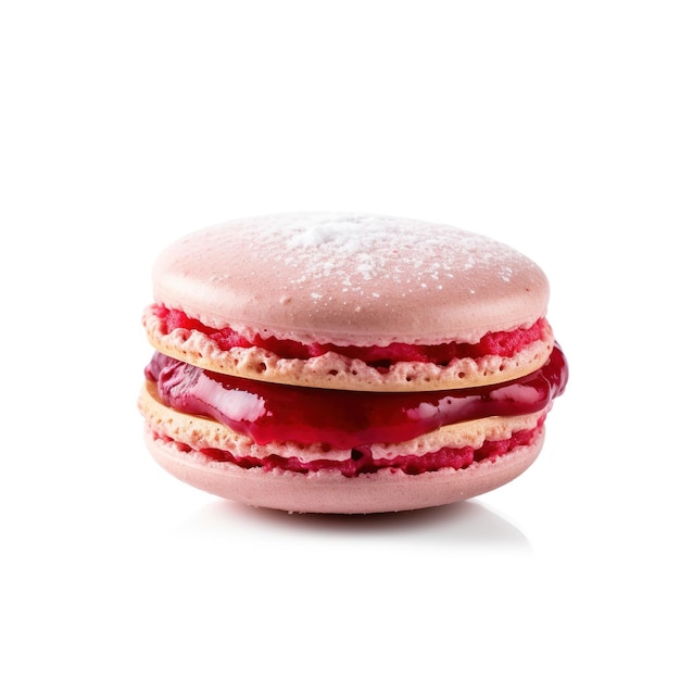 Macaron saveur framboise isolé sur fond blanc gros plan de pâtisserie traditionnelle française aux amandes