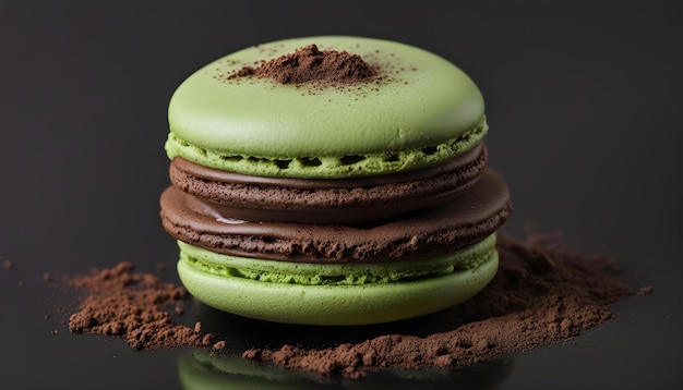 Macaron vert français avec poudre de cacao sur fond noir