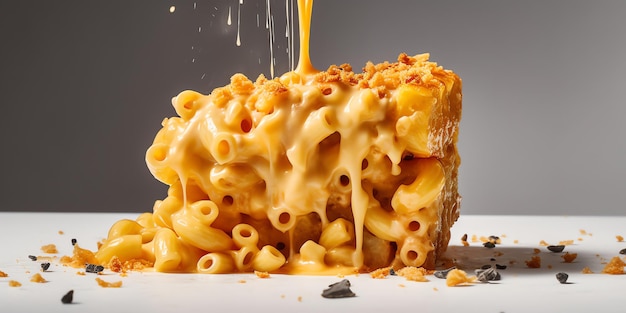 Le macaroni au fromage est versé dans un morceau de macaroni.