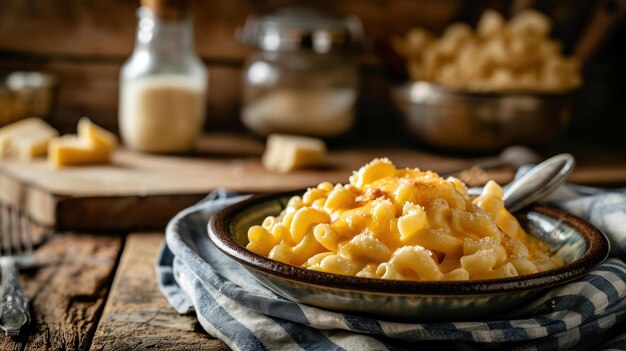 Macaroni à la crème et fromage contre une cuisine de ferme rustique