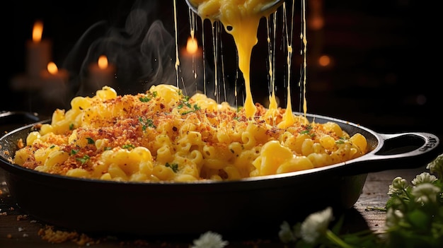 macaroni plein de fromage fondu parsemé d'herbes salées sur fond noir et flou