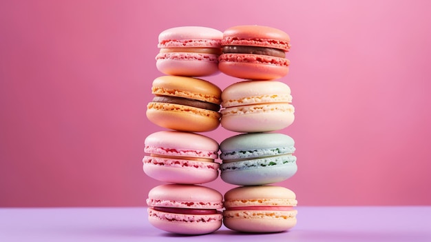 Photo macarons assortis disposés dans une pile en gradient avec un fond rose harmonieux idéal pour le marketing culinaire et de pâtisserie