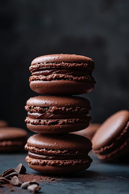 Des macarons au chocolat empilés, un festin pour les sens, adaptés aux présentations culinaires, générés par l'IA.