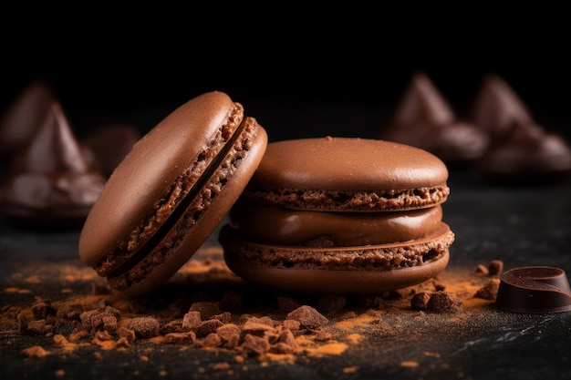 Les macarons au chocolat sont empilés les uns sur les autres.