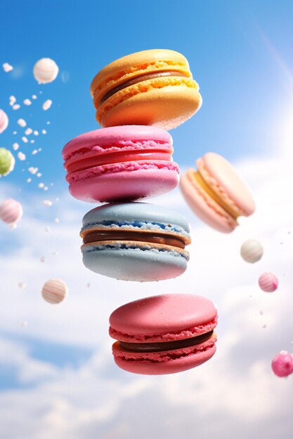 Macarons aux couleurs vives d'Arafly planant dans les airs contre un superbe ciel bleu IA générative