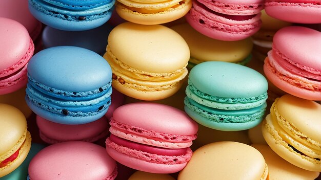 Macarons aux couleurs vives disposés dans une exposition symétrique