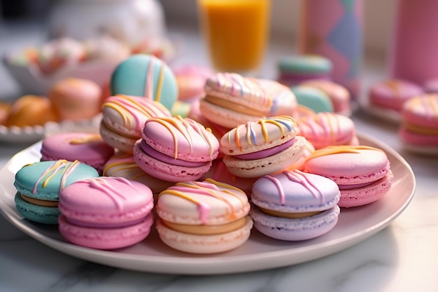 Des macarons colorés sur une assiette pastel