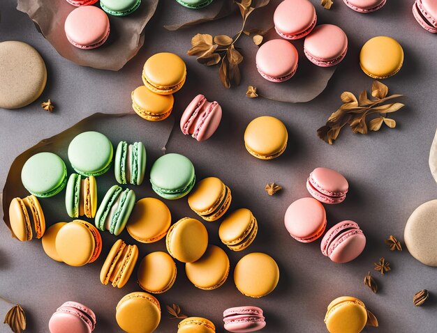 Photo macarons colorés dans la rangée pâtisserie rose snack sucré savoureux jaune traditionnel