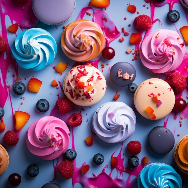 macarons colorés sur fond bleu