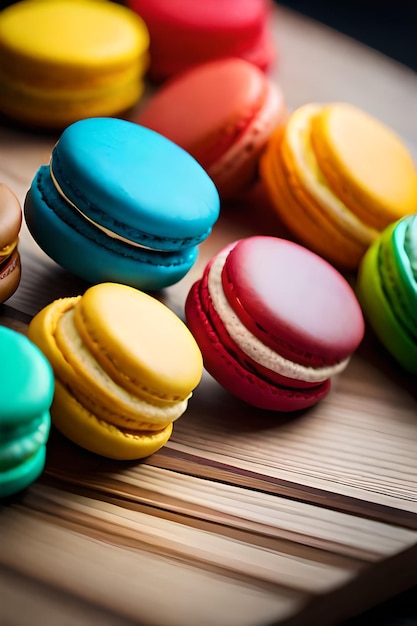 Des macarons colorés sont sur une table.