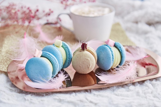 Macarons délicats faits à la main esthétiques sur le plateau doré parmi les plumes et le cacao Dessert sucré