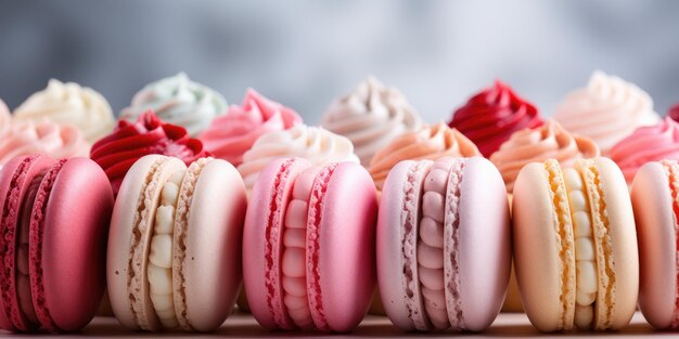 Photo des macarons délicieux beaucoup de macarons colorés sur un fond clair désert français biscuits d'amande avec