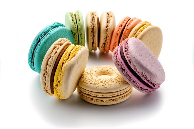 Macarons de dessert en forme de cercle cuits en différentes couleurs avec de la farine d'amande isolés sur fond blanc