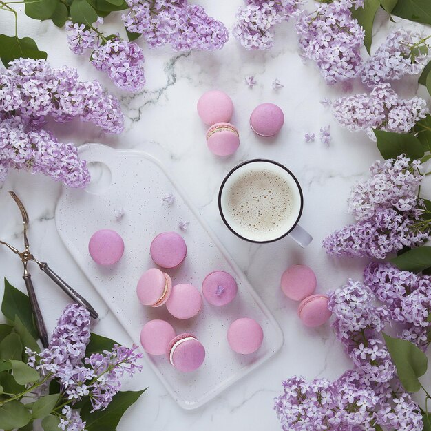 Macarons sur un fond de marbre avec des fleurs lilas, fond clair