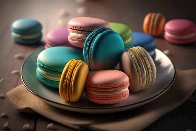 Macarons français colorés sur assiette Illustration AI Generative