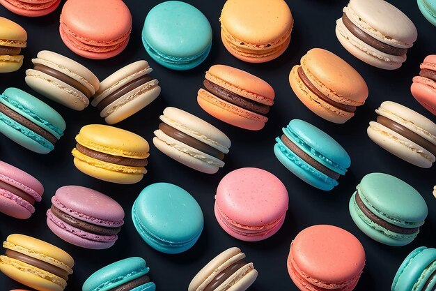 Photo des macarons français colorés empilés sur un endroit sombre près de fond sombre ia générative