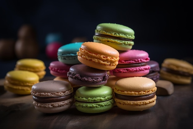 Macarons français de différentes couleurs se trouvent sur une table en bois sombre Nature morte de confiserie