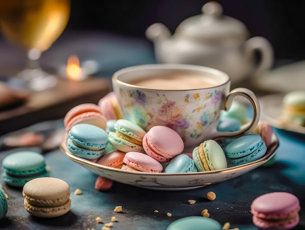 Macarons français doux et colorés et tasse à café sur fond rétro vintage généré par ai