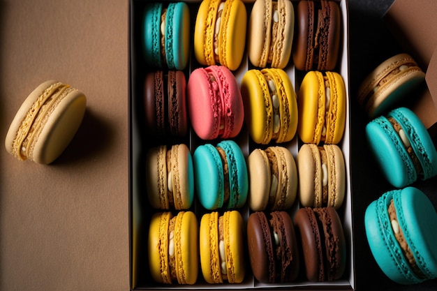 Les macarons français traditionnels sont disposés dans une boîte en rangées