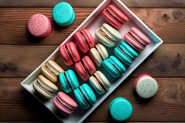 Macarons français avec une variété de couleurs, de goûts et de garnitures servis sur un plat blanc sur fond de bois blanc Gâteaux produits dans la pâtisserie maison le bar de l'espace