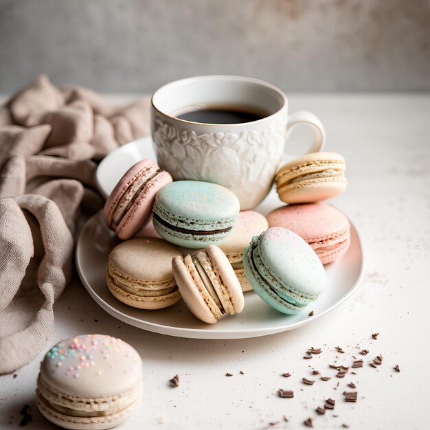 Photo macarons français vue de face avec une tasse de café sur fond blanc