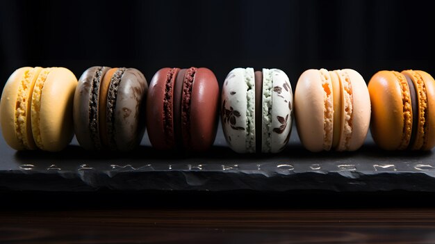 Macarons en ligne avec différentes couleurs sur une table noire