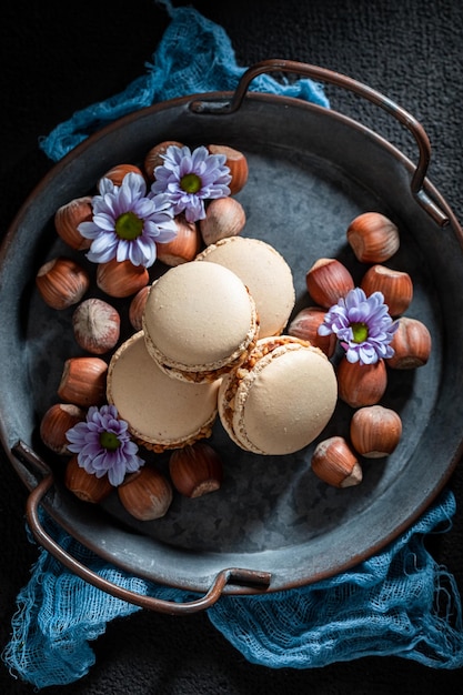 Macarons maison et aux noix sucrées à base de noisettes et de noix