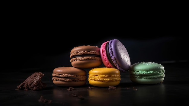 Macarons multi-saveurs sur fond sombre Illustration AI GenerativexA