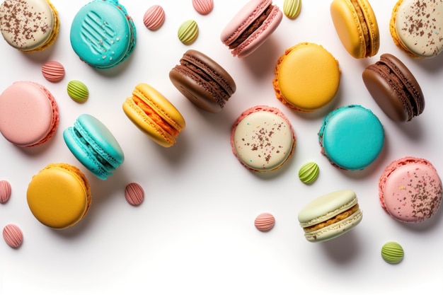 Macarons multicolores sur une vue de dessus de fond blanc AI Generation