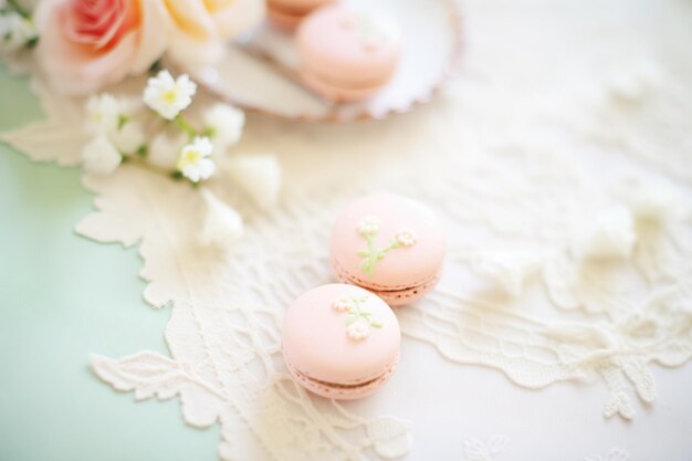 Macarons et perles sur une nappe en dentelle pour l'élégance